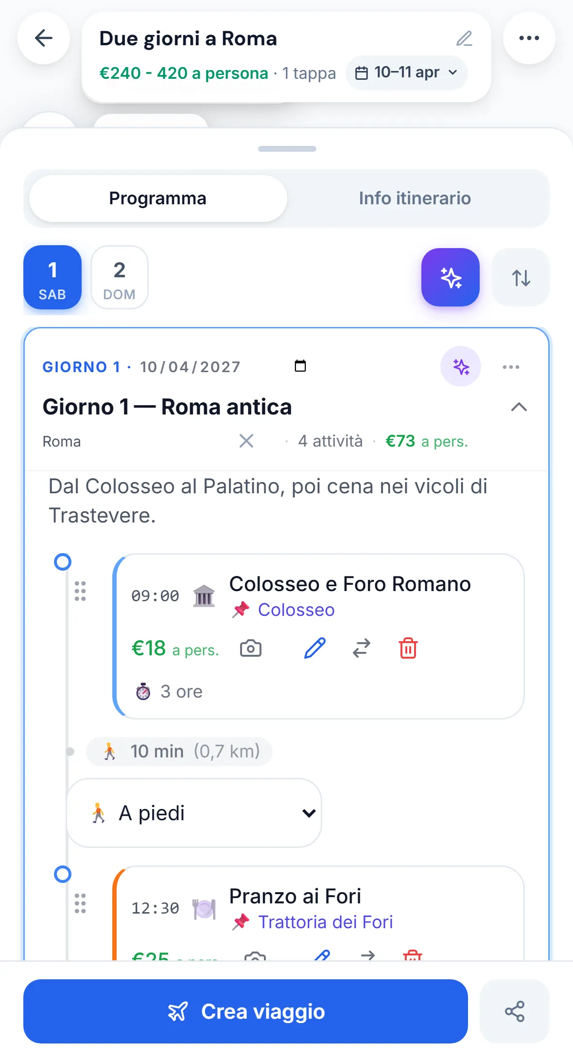 Schermata BuildYourTrips con giornate e tappe modificabili di un itinerario a Roma