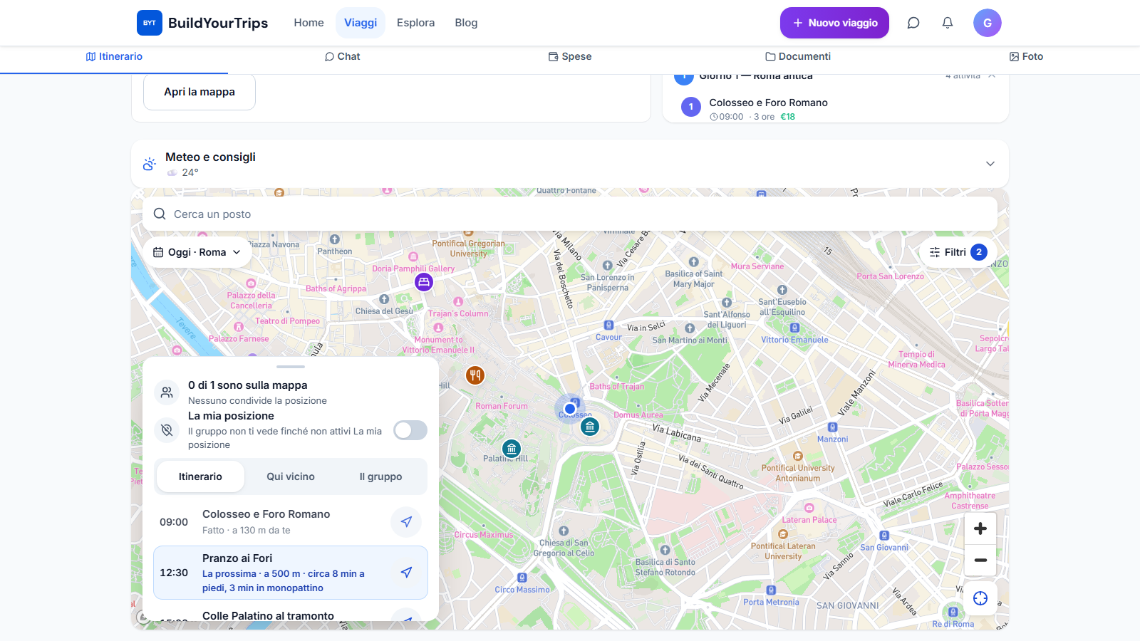 BuildYourTrips: Il viaggio, mentre lo vivi. Apri la mappa live dal viaggio in corso: ritrova le tappe della giornata e scegli dove andare dopo.
